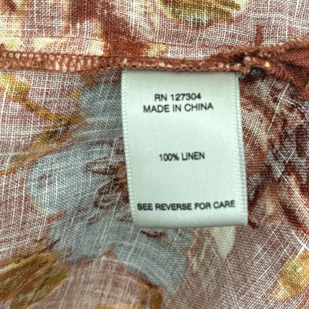 John Mark 100% Linen Button Down Shirt L Rust Orange Boho Coastal Autumn Floral - Picture 5 of 6